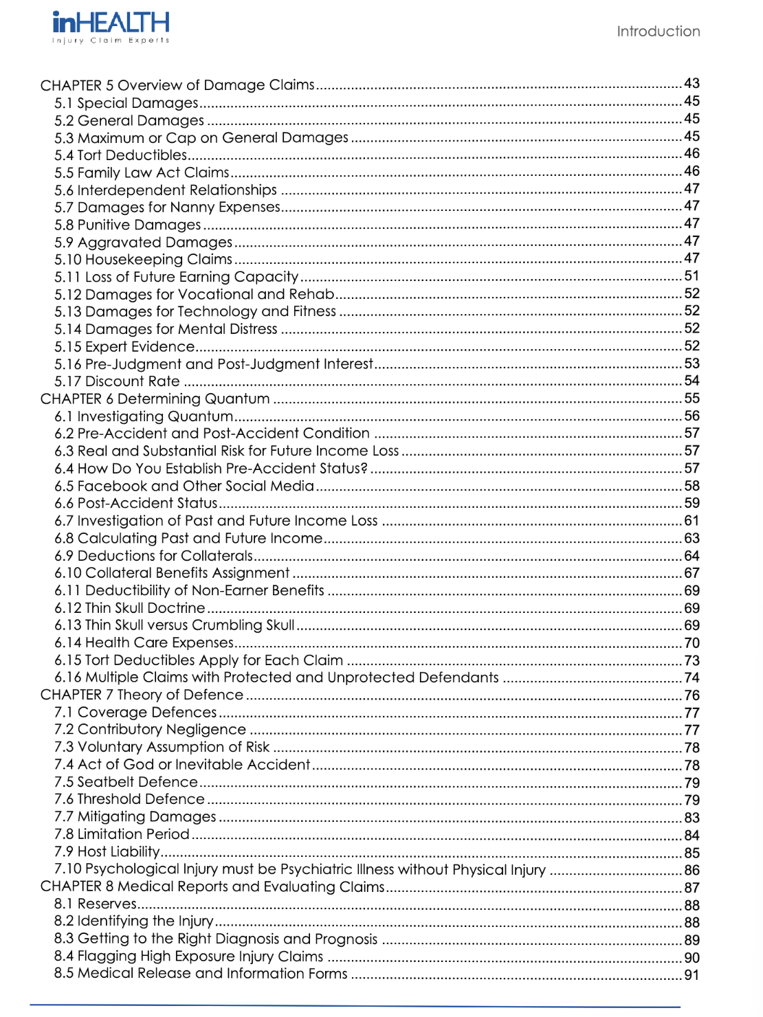 inHEALTH Bodily Injury Guide - Table of Contents - inHEALTH